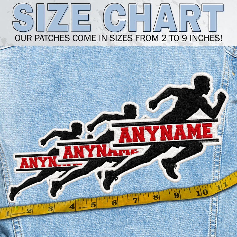 May include: Three black embroidered runner patches on a light blue denim background. Each patch features a silhouette of a person running with a horizontal bar containing the red text ANYNAME. A yellow measuring tape shows sizes from 2 to 9 inches.