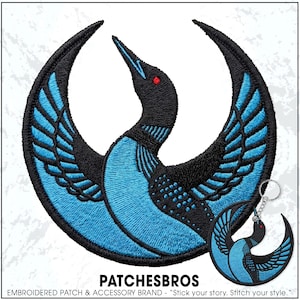 May include: Embroidered patch and keychain featuring a stylized loon design in black and blue. The patch has a circular shape with the loon's wings spread. The keychain mirrors the patch design. The text "PATCHESBROS" is at the bottom.