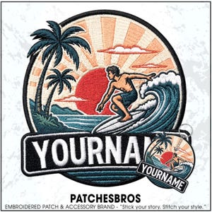May include: A circular embroidered patch featuring a surfer on a wave, palm trees, and a red sun against a peach sunburst background. Below the circle is a black rectangular banner with the white text YOURNAME. A matching keychain is also shown.