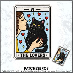 May include: An embroidered patch and matching keychain featuring a tarot card design titled THE LOVERS with Roman numeral VI. The illustration depicts a person kissing a black cat surrounded by red hearts and yellow stars on a light blue background.