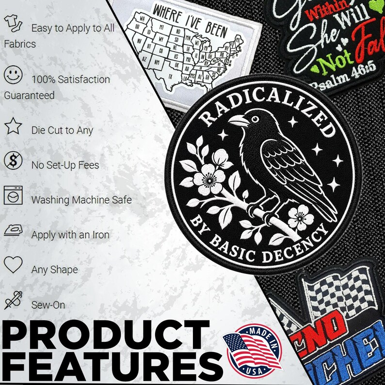 May include: A circular black embroidered patch featuring a white crow perched on a flowering branch with the text RADICALIZED BY BASIC DECENCY. Additional patches include a map of the United States and a checkered flag design on a black background.