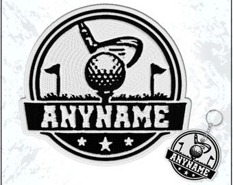 May include: Black and white embroidered golf patch featuring a golf ball, club, and flags. The patch has the word "ANYNAME" in a banner. A matching keychain is also shown. The brand name "PATCHESBROS" is at the bottom.