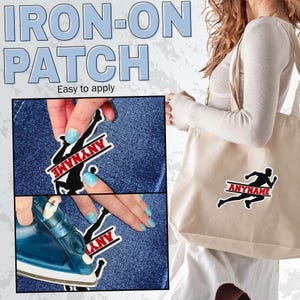 May include: An iron-on patch featuring a black silhouette of a runner in motion with a red horizontal bar containing the white text ANYNAME. The patch is shown being applied to blue denim fabric with an iron and displayed on a beige tote bag.