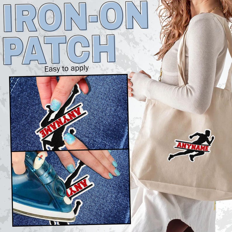 May include: An iron-on patch featuring a black silhouette of a runner in motion with a red horizontal bar containing the white text ANYNAME. The patch is shown being applied to blue denim fabric with an iron and displayed on a beige tote bag.
