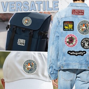 May include: A collection of embroidered patches featuring various designs including a robin, a covered wagon, a rose, and a squirrel. The patches are displayed on a navy blue backpack, a light blue denim jacket, and a white baseball cap with text.