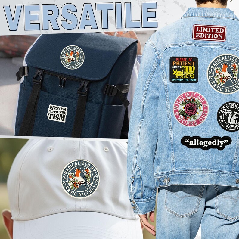 May include: A collection of embroidered patches featuring various designs including a robin, a covered wagon, a rose, and a squirrel. The patches are displayed on a navy blue backpack, a light blue denim jacket, and a white baseball cap with text.