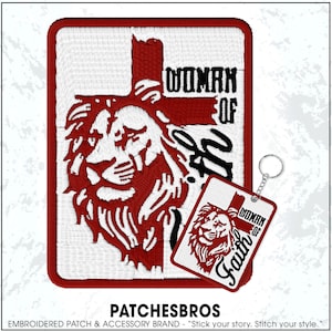 May include: Embroidered patch and keychain set. The patch features a red lion's head, a cross, and the words "WOMAN OF Faith." The keychain has a similar design. Both items have a white background and red border.