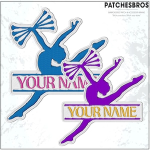 May include: Embroidered patches featuring a gymnast in blue and purple. Each patch has a banner with the text "YOUR NAME" in pink and gold. The patches are from the brand PATCHESBROS.