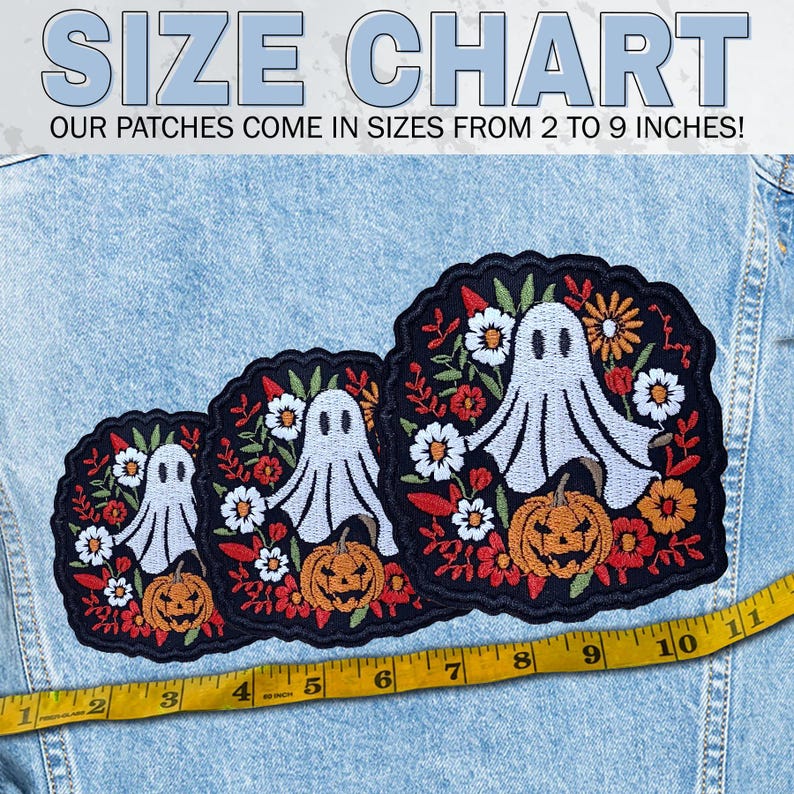 May include: Embroidered Halloween patches featuring a white ghost, orange pumpkin, and floral design. The patches are displayed on a denim jacket with a measuring tape showing sizes from 2 to 9 inches. Text reads "SIZE CHART".