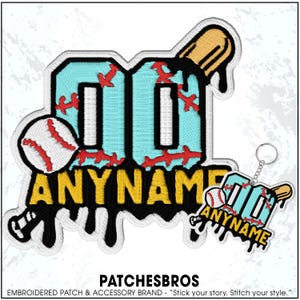 May include: Embroidered patch with a baseball theme. The design features the number "00" in light blue with red stitching, a baseball, and the word "ANYNAME" in yellow. A smaller keychain version is also shown.