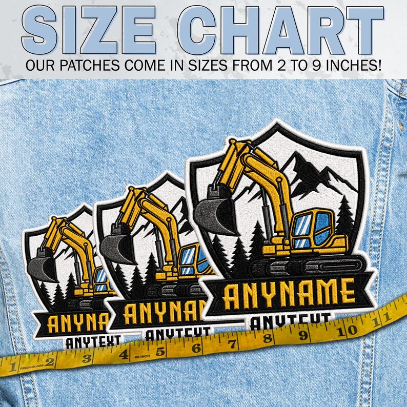 May include: Three embroidered shield-shaped patches featuring a yellow excavator, black mountains, and pine trees. The patches display the text ANYNAME and ANYTEXT. A yellow measuring tape is positioned across the bottom, showing sizes from 5 to 23 cm.