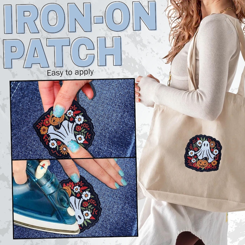 May include: An iron-on patch with a Halloween theme. The patch features a white ghost, orange pumpkin, and colorful floral elements. The text "IRON-ON PATCH" and "Easy to apply" are displayed in the image.