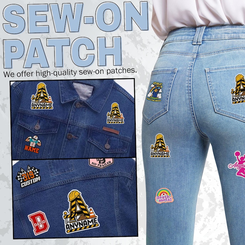 May include: A collection of colorful sew-on patches featuring various designs including construction-themed letters, sports jerseys, racing flags, and rainbows. The patches are displayed on a blue denim jacket and light blue denim jeans.