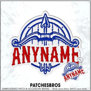 May include: An embroidered patch and a matching keychain featuring a blue bow and arrow graphic above the red text ANYNAME. The design is set against a white background with a white border. The patch and keychain display identical imagery.