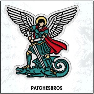 May include: Embroidered patch featuring a warrior figure with a sword, standing over a dragon. The figure has a halo, wings, and wears teal armor and a red cape. The patch is outlined in white with the text "PATCHESBROS" at the bottom.