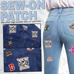 May include: A collection of various embroidered sew-on patches applied to a blue denim jacket and light blue jeans. The patches feature diverse designs including a bird with the text Radicalized by Basic Decency, sports jerseys, and colorful graphics.