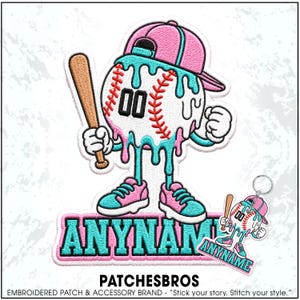 May include: An embroidered patch and matching keychain featuring a cartoon baseball character wearing a pink cap and sneakers, holding a brown wooden bat. The baseball has red stitching, the number 00, and turquoise and pink melting liquid effects.