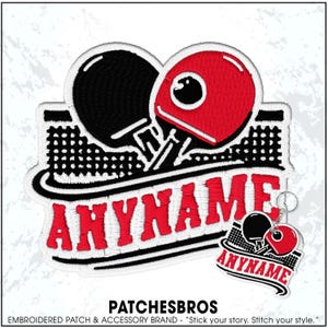 May include: An embroidered patch and matching keychain featuring a black table tennis paddle and a red table tennis paddle crossed over a black net. The word ANYNAME is stitched in bold red capital letters across the center of both items.