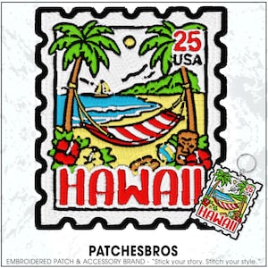 May include: Embroidered patch featuring a Hawaiian scene with a hammock, palm trees, and the word "HAWAII" in red. The patch is designed to resemble a postage stamp, with the text "25 USA". A smaller keychain version is also visible.
