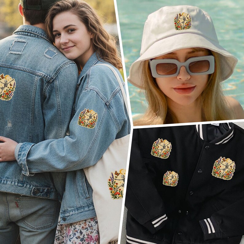 May include: A collection of embroidered patches featuring a skeleton dancing amidst colourful wildflowers, butterflies, and a sun. These patches are displayed on blue denim jackets, a white tote bag, a white bucket hat, and a black bomber jacket.