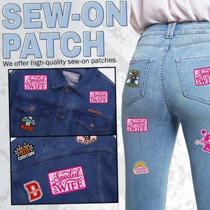 Puede incluir: Imagen con varios parches para coser en una chaqueta vaquera y vaqueros. Los parches incluyen textos como "Spoiled Wife", "Name" y "Custom". Los parches son de varios colores y dise&ntilde;os, con un enfoque en la personalizaci&oacute;n.