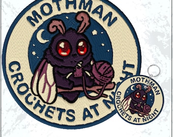 Mothman Crochets At Night Patch Crochet Lover Spooky Funny Crypid Gothic Embroidered Patches Keychain Sew On Iron On Gift