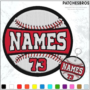 May include: Embroidered baseball patch and keychain set. The patch and keychain feature a baseball design with the word "NAMES" in white on a red background, and the number "73". The patch has a black border and red stitching.