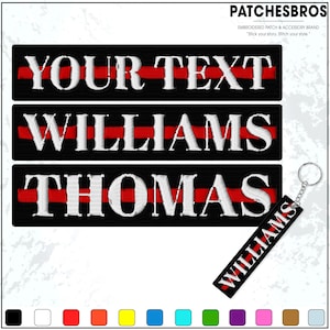 May include: Black embroidered patches with white text and a red stripe. The top patch reads "YOUR TEXT", the middle patch says "WILLIAMS", and the bottom patch says "THOMAS". A keychain with "WILLIAMS" is also shown.