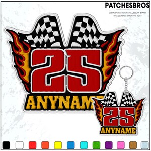 May include: Embroidered patch and keychain set featuring a red number 25 with a black and white checkered flag design. The patch and keychain have a flame design and the text "ANYNAME". The brand name "PATCHESBROS" is also visible.