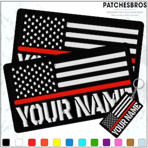 May include: Black embroidered patches and a keychain featuring a stylized American flag design with a red stripe. The patches and keychain have the text "YOUR NAME" in white. The brand name "PATCHESBROS" is also visible.