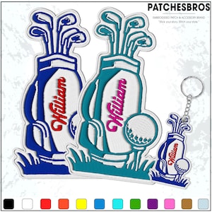 May include: Embroidered golf-themed patches and a keychain. The patches feature golf bags with the name "William" in red and pink. The keychain has a miniature golf bag and ball design. The brand name "PATCHESBROS" is at the top.