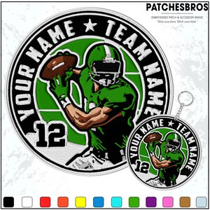 May include: Embroidered patch and keychain set featuring a football player in green uniform catching a brown football. The patch and keychain have a circular design with the text "YOUR NAME TEAM NAME" and the number "12". The brand name "PATCHESBROS" is at the top.