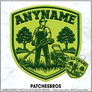 May include: A shield-shaped embroidered patch and a matching keychain featuring a lime green background with dark green stitching. The design depicts a person in overalls using a string trimmer, a lawnmower, and trees, with the text ANYNAME.