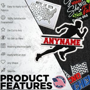 May include: A collection of embroidered patches including a map of the United States labeled Where I've Been, a black silhouette of a runner with the red text ANYNAME, a religious quote patch, and a checkered flag patch with blue and red text.