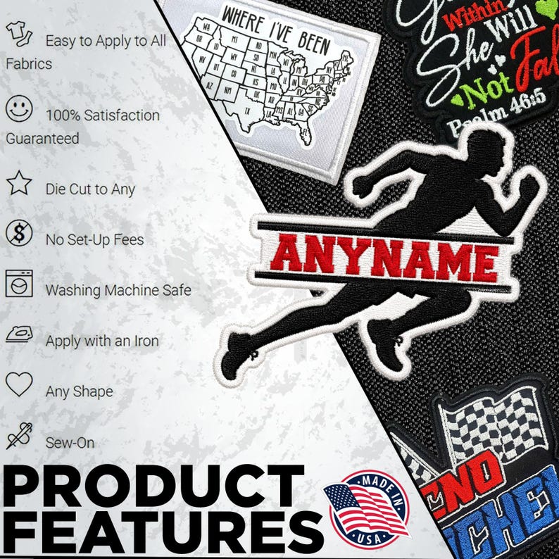 May include: A collection of embroidered patches including a map of the United States labeled Where I've Been, a black silhouette of a runner with the red text ANYNAME, a religious quote patch, and a checkered flag patch with blue and red text.