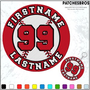 May include: A red and white embroidered baseball patch with the text "FIRSTNAME" and "LASTNAME" around a large number "99". A matching keychain is also visible. The brand name "PATCHESBROS" is at the top.