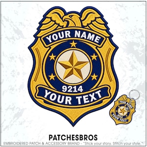 May include: An embroidered badge-shaped patch and a matching keychain featuring a gold eagle at the top, a central gold star surrounded by five smaller stars on a dark blue background, and the text YOUR NAME, 9214, and YOUR TEXT.