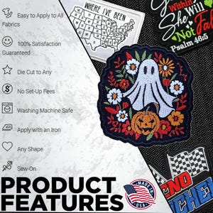 May include: Embroidered patches with various designs, including a ghost with a pumpkin, a map of the USA, and a checkered flag. The patches are in various shapes and sizes, with the words "PRODUCT FEATURES" at the bottom.