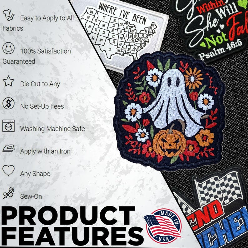 May include: Embroidered patches with various designs, including a ghost with a pumpkin, a map of the USA, and a checkered flag. The patches are in various shapes and sizes, with the words "PRODUCT FEATURES" at the bottom.