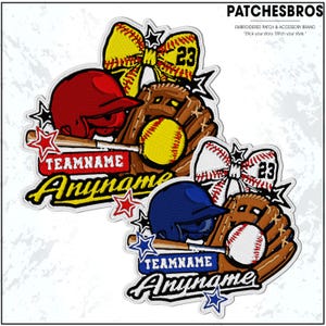 May include: Embroidered patches featuring baseball and softball themes. Each patch includes a helmet, glove, ball, and a bow with the number 23. The patches also have space for a team name and any name.