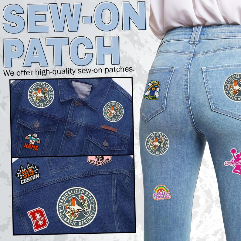 May include: A collection of circular and shaped embroidered sew-on patches featuring various designs, including a robin with the text "RADICALIZED BY BASIC DECENCY," a "319 CUSTOM" checkered flag, a "DAVID" letter patch, and a "DEATH METAL" rainbow.