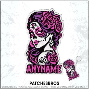 Custom Woman Sugar Skull Name Patch Personalized Text Mexico Mexican Floral Gothic Embroidered Patches – Embroidered Keychain Sew On Iron On