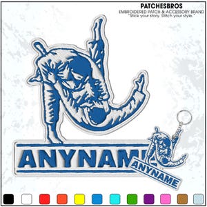 May include: Embroidered patch and keychain set featuring a blue and white martial arts figure. The patch has the text "ANYNAME" and the keychain has the same design. The brand name "PATCHESBROS" is at the top.