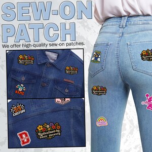 May include: A collection of various sew-on patches displayed on a blue denim jacket and light blue jeans. The patches feature diverse designs including floral arrangements with the text Radicalized by basic decency, sports jerseys, and colorful graphics.