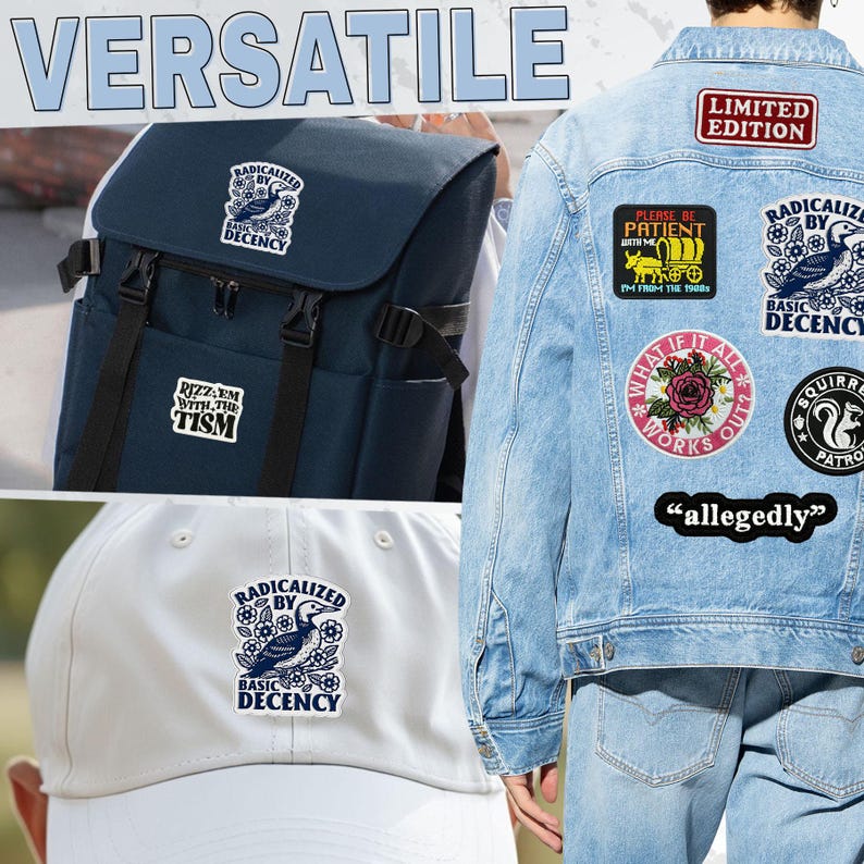May include: A navy blue backpack, a light blue denim jacket, and a white baseball cap are displayed. The backpack and cap feature a patch with a bird and floral design. The jacket has multiple patches, including one that says "LIMITED EDITION". The word "VERSATILE" is at the top.