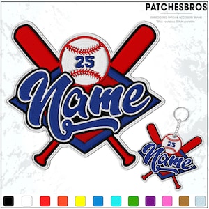 May include: Embroidered baseball patch and keychain set. The patch features a baseball with the number 25, crossed red bats, and the word "Name" in blue script. The keychain mirrors the patch design.