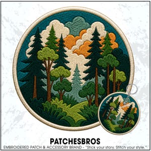 May include: A circular embroidered patch and a matching circular keychain featuring a forest landscape with dark green pine trees, light green deciduous trees, and layered clouds in shades of cream and orange against a deep teal sky background.