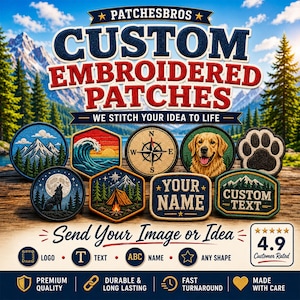 May include: A collection of custom embroidered patches featuring various designs including mountains, a wave, a compass, a dog, a paw print, a wolf, and a campfire. The patches include text reading YOUR NAME and CUSTOM TEXT on a wooden surface.