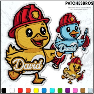 May include: Embroidered patches featuring cartoon ducklings in firefighter hats, holding a hose. The patches are yellow and blue, with the name "David" in a cursive font. The brand name "PATCHESBROS" is at the top.