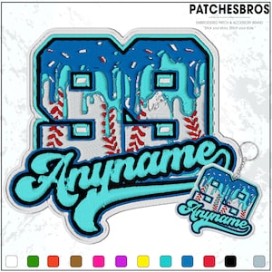 May include: Embroidered patch with the text "99" in a blue and white design, with a baseball stitch pattern. The text "Anyname" is in a teal script font. A matching keychain is also included. The brand name "PATCHESBROS" is at the top.